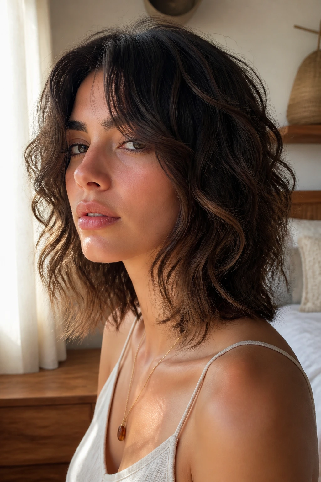 Close-up of a real woman with a soft-edge shaggy bob and loose curls in warm window light