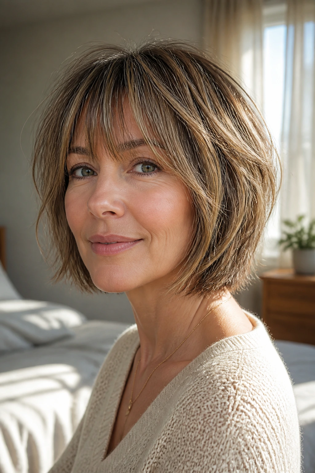 Close-up portrait of a real woman with a shaggy bob and wispy fringe.