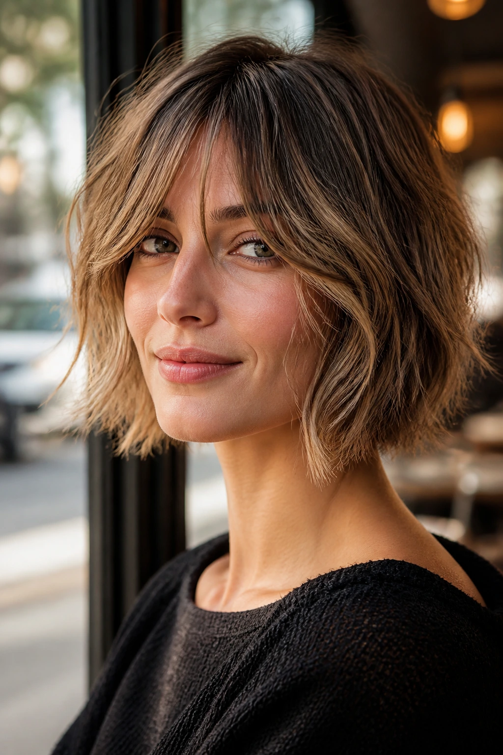 Close-up portrait of a real woman with The Shaggy Bob with Piecey Texture and curtain bangs
