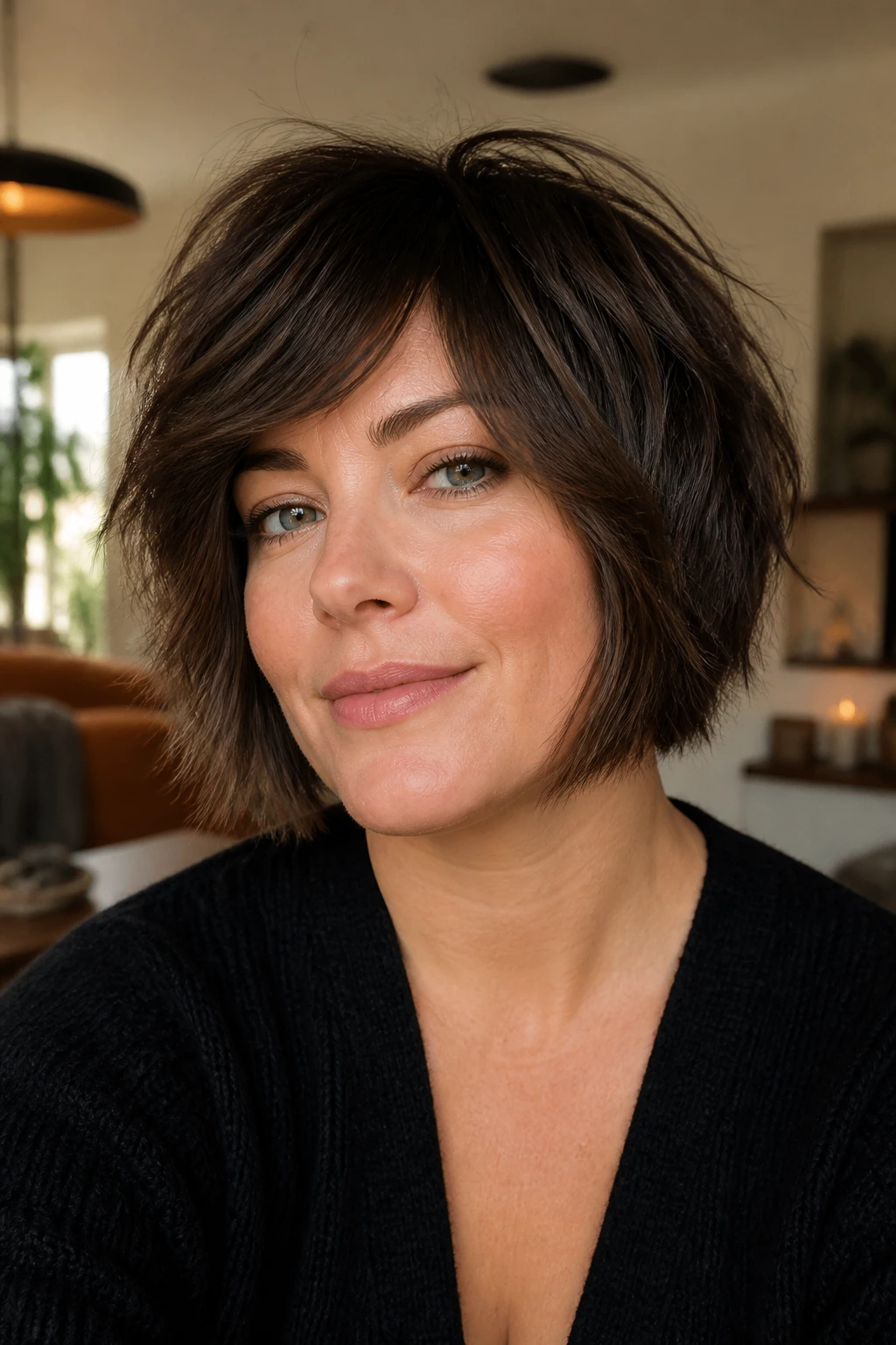 Real woman with a textured shaggy bob and piecey layers