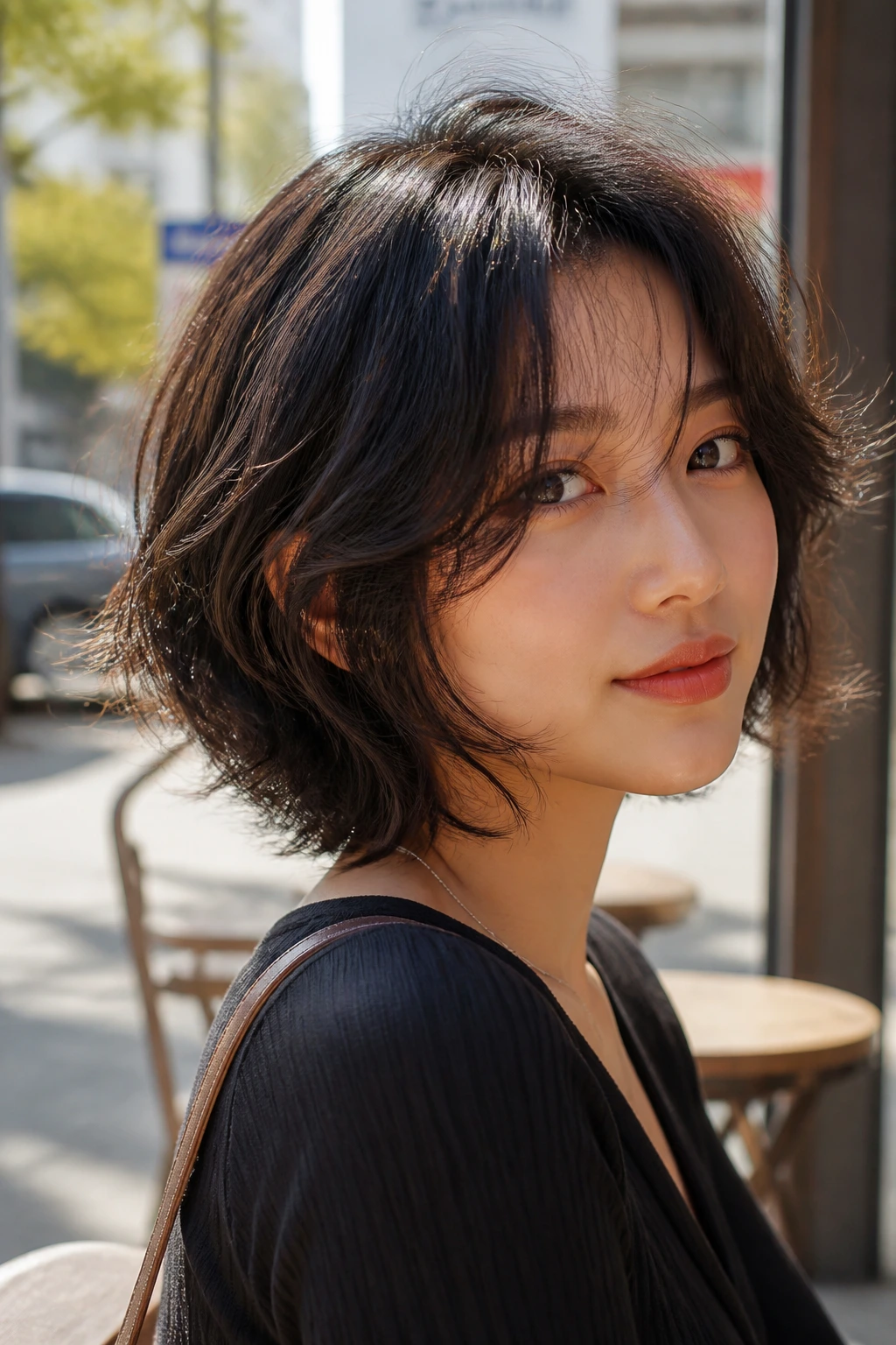 Portrait of a woman with a shaggy bob and textured waves at a sunlit cafe.