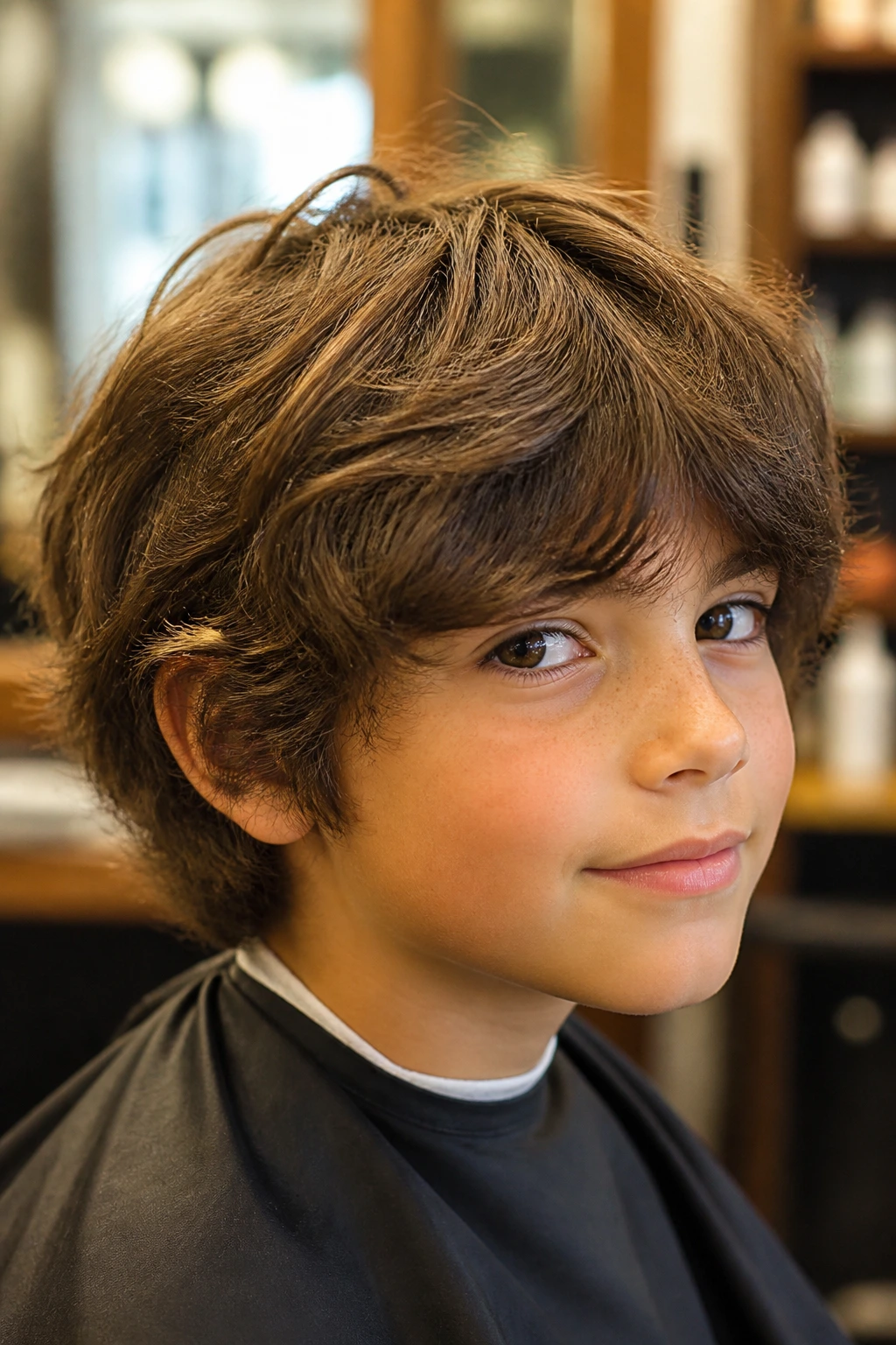 Close-up of a young boy with a shaggy bob haircut showing a soft interior and controlled bulk