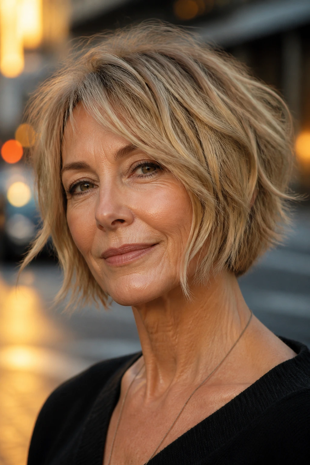 Close-up of a real woman with a shaggy bob and tousled ends
