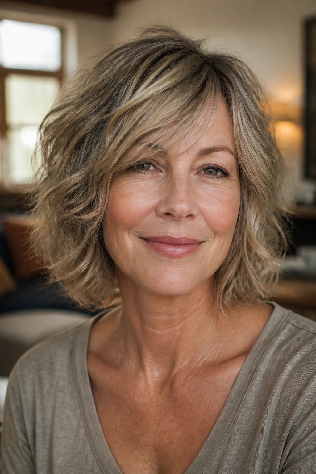 Close-up portrait of a real woman in her 50s with a movement-friendly shaggy bob on wavy hair