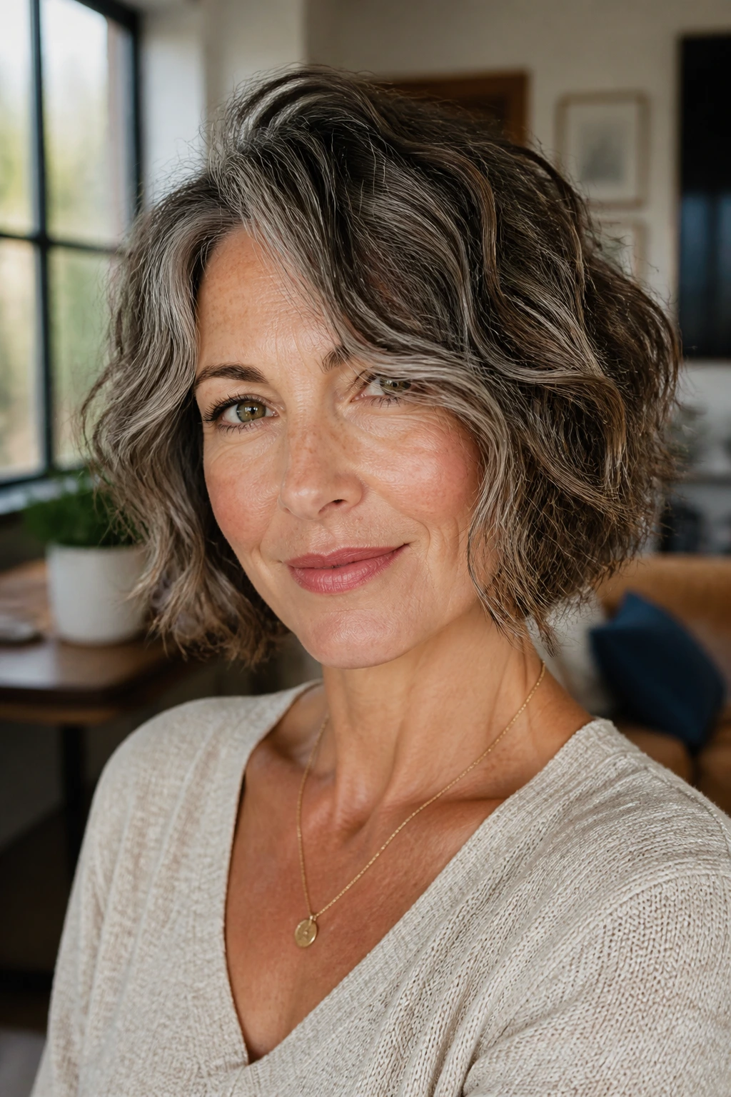 Close-up portrait of a real woman with a textured shaggy bob on wavy hair under natural window light