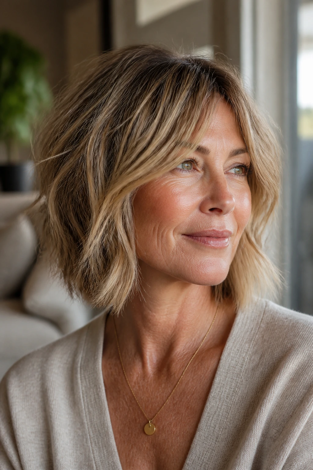 Close-up portrait of a woman with a shaggy bob and wheat babylights in warm natural light