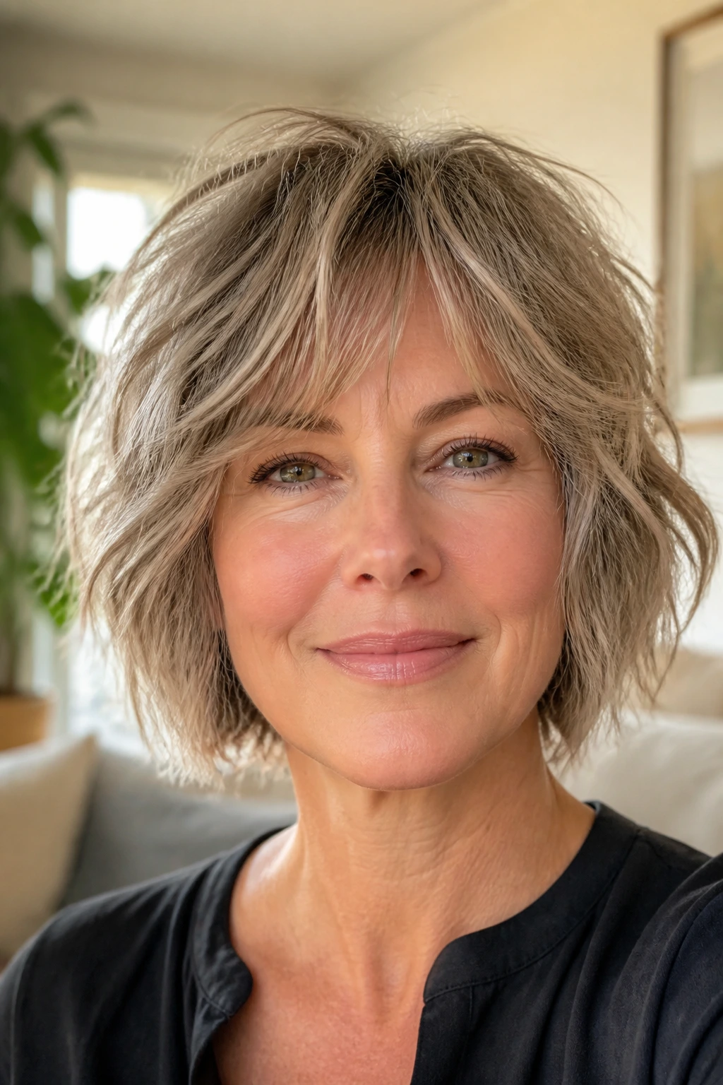 Real woman with shaggy bob and wispy ends in sunlit living room portrait