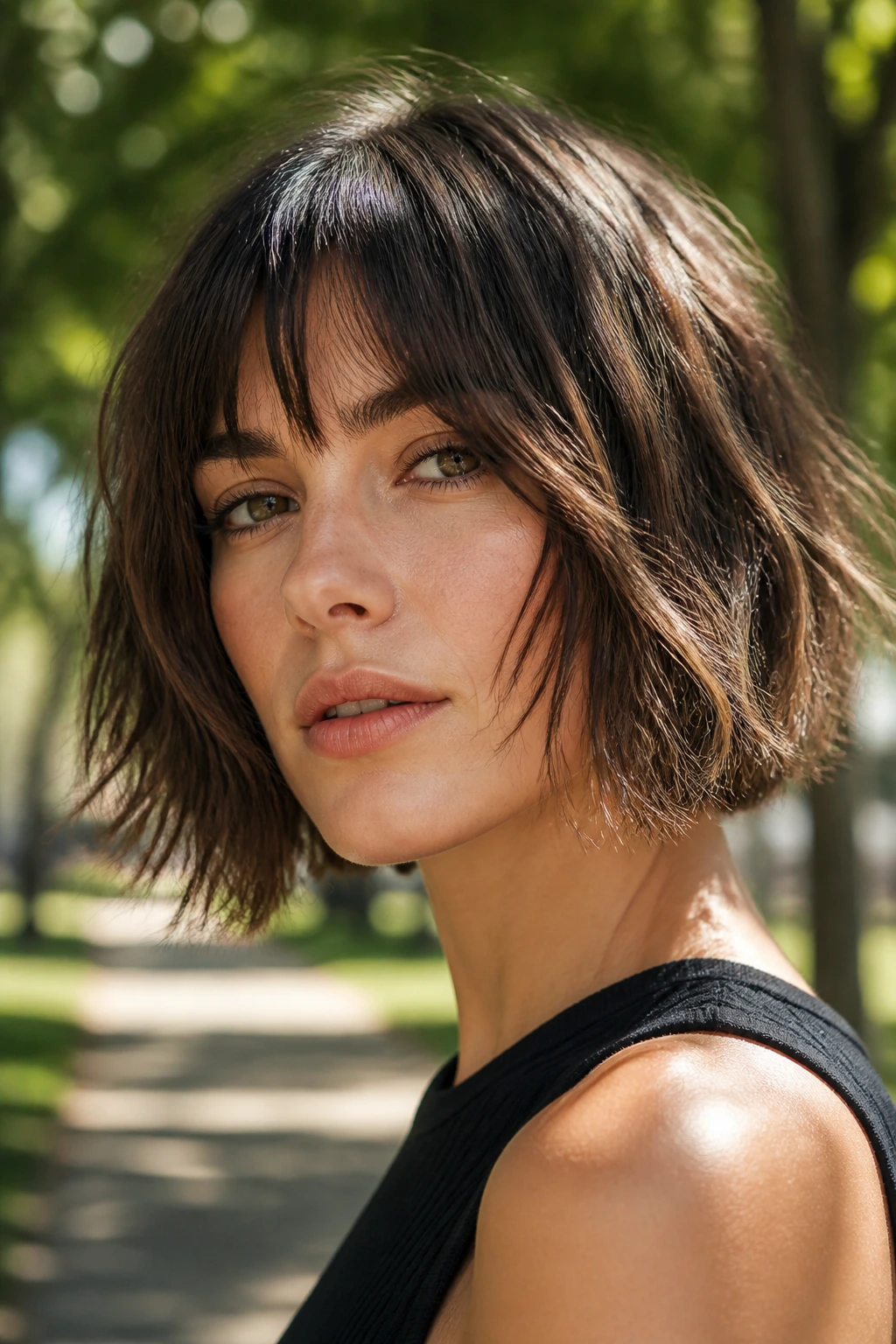 Close-up portrait of a real woman with a shaggy bob and wispy ends in park lighting