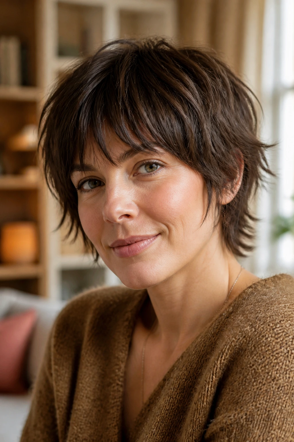 Close-up portrait of a real woman with a shaggy bowl haircut featuring choppy ends, natural window light.