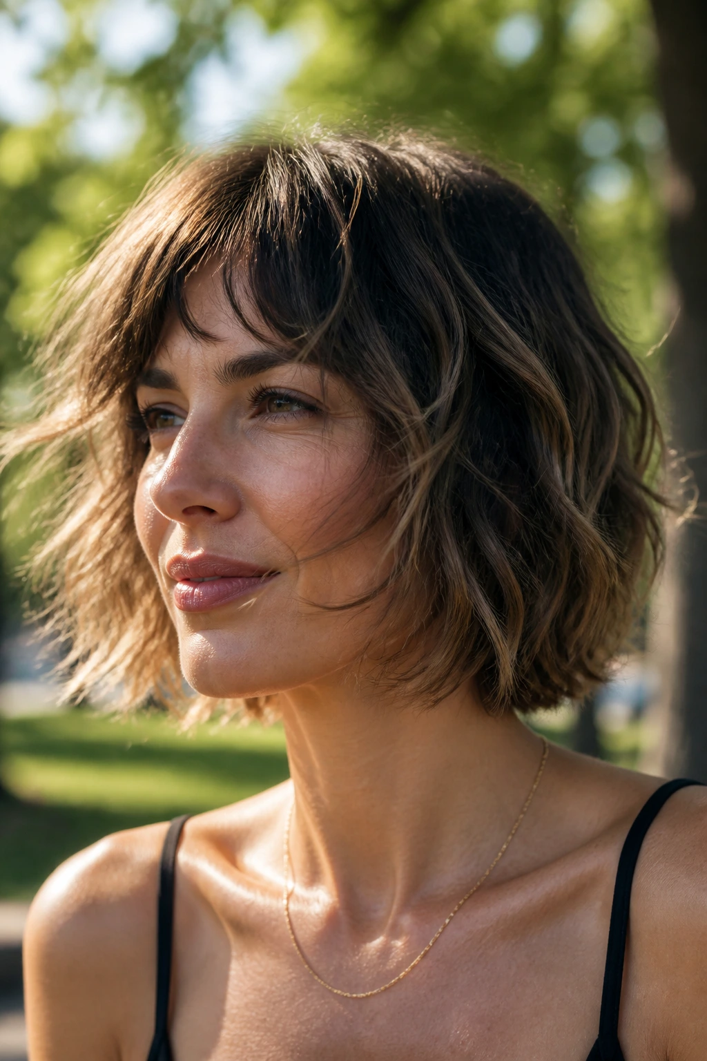 Close-up of a real woman with a shaggy chin-length bob and waves.
