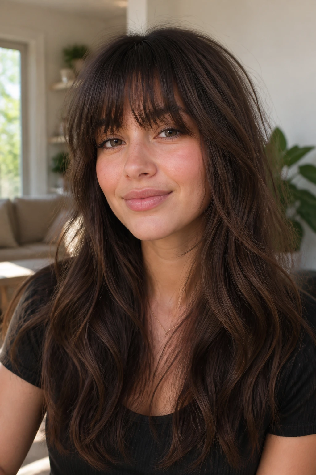 Close-up of a real person with shaggy chunky bangs in bright natural light