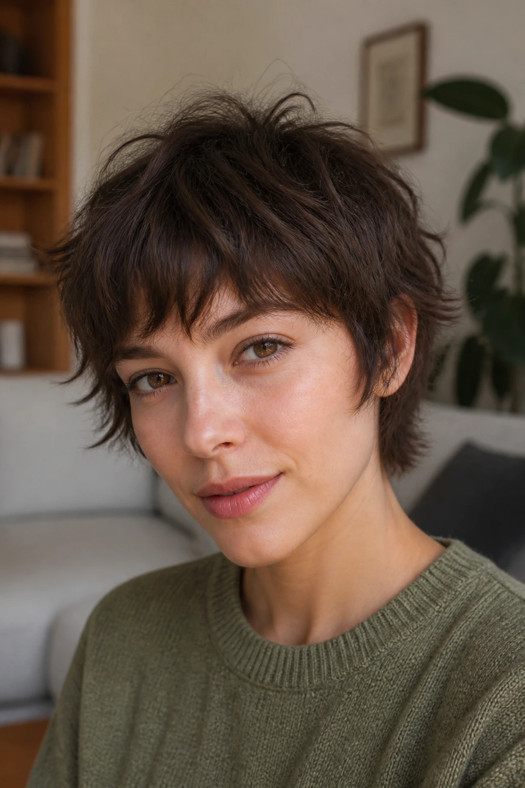 Close-up portrait of a real woman with a shaggy crop and choppy bangs showing texture.
