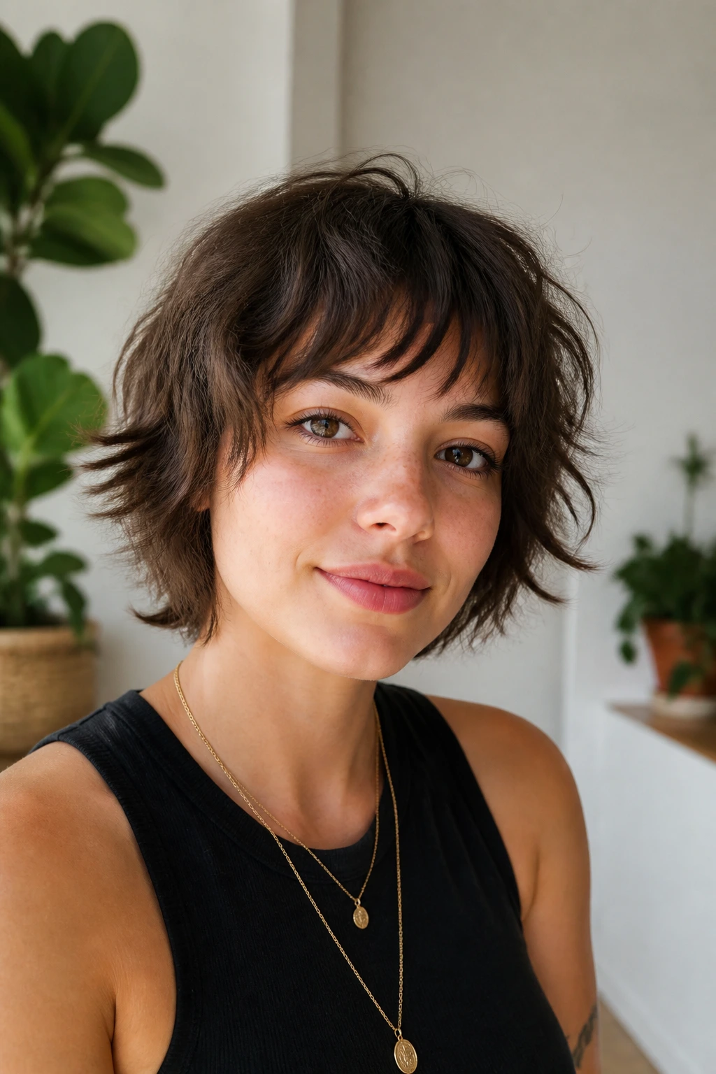 Close-up of a real woman with shaggy crop and choppy bangs in an airy room