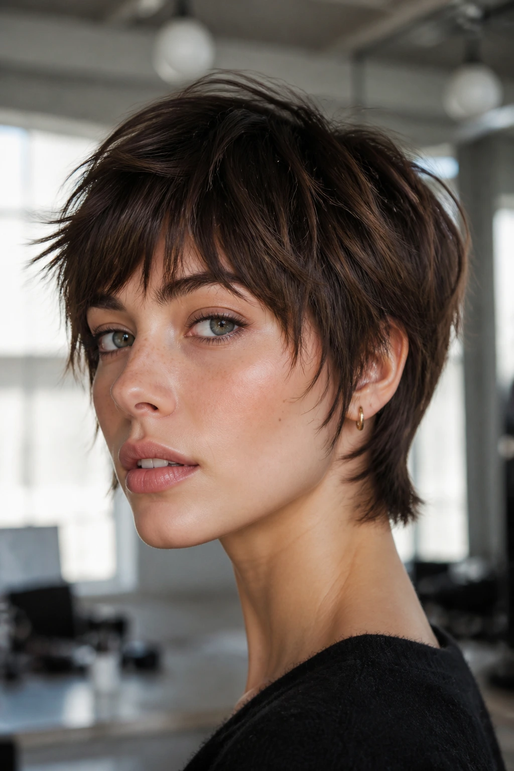 Close-up of a real person with a shaggy crop and choppy layers showing movement.