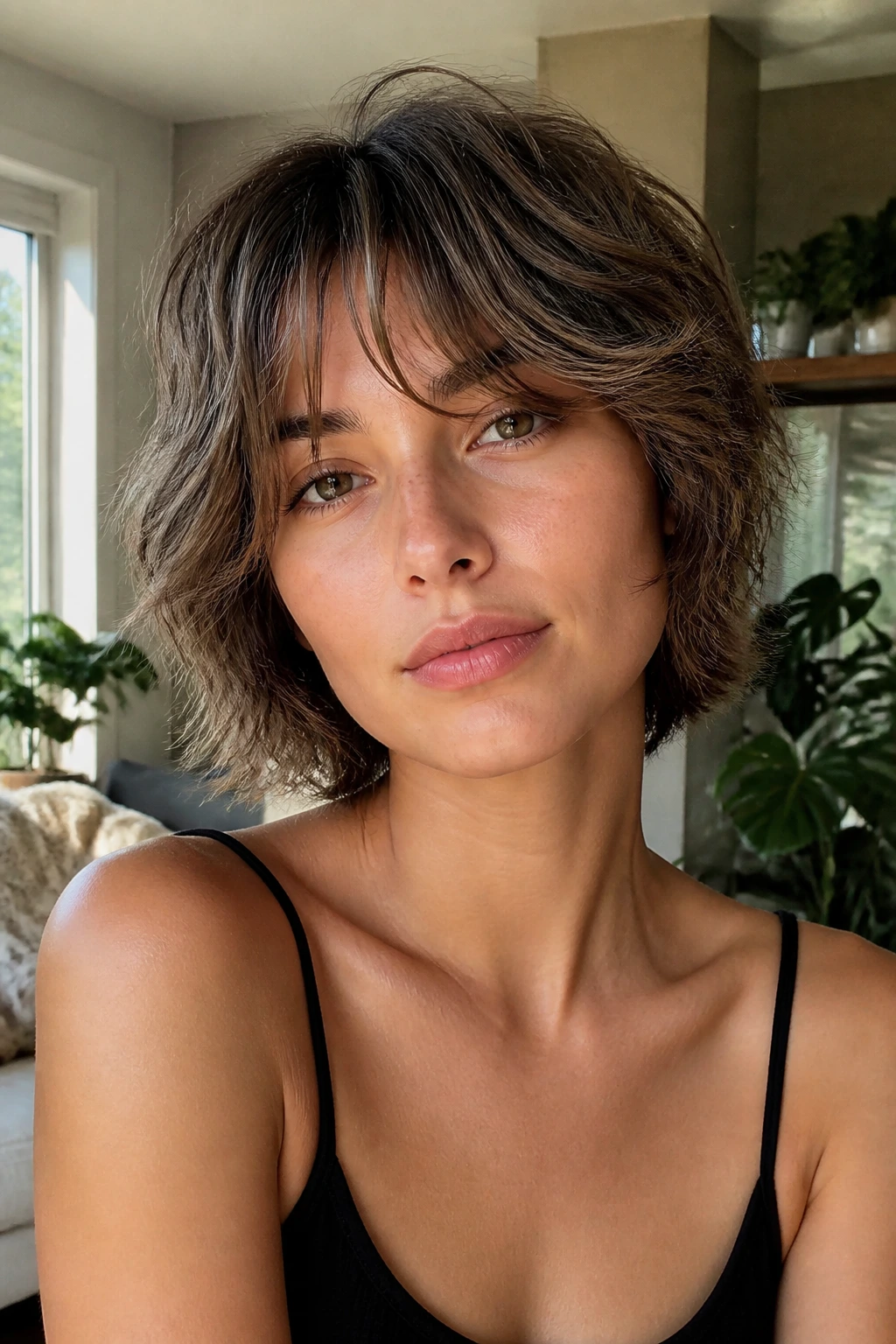 Real woman with shaggy crop and curtain bangs framed by bright room light