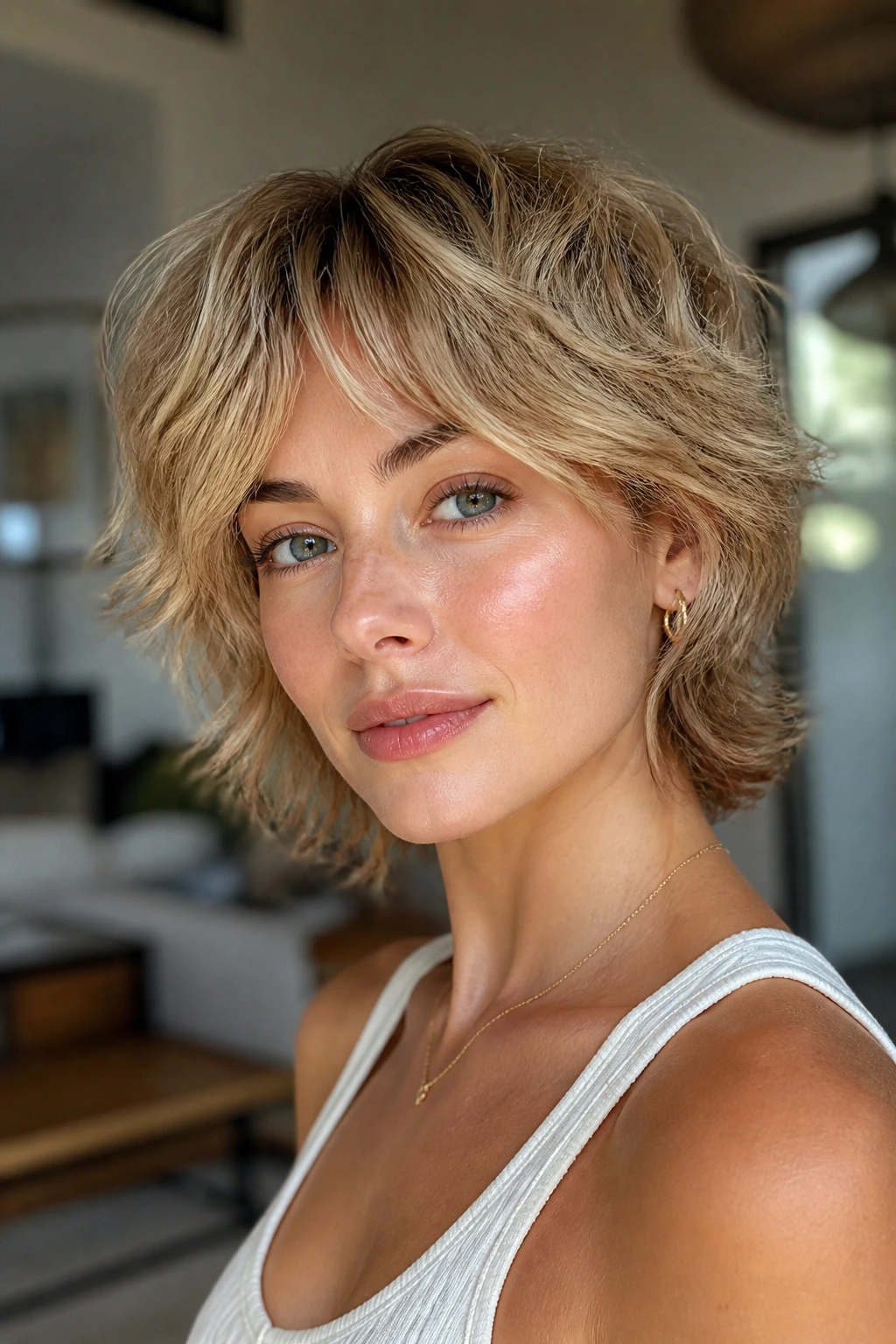 Shaggy crop with curtain bangs and buttery lowlights on a real person