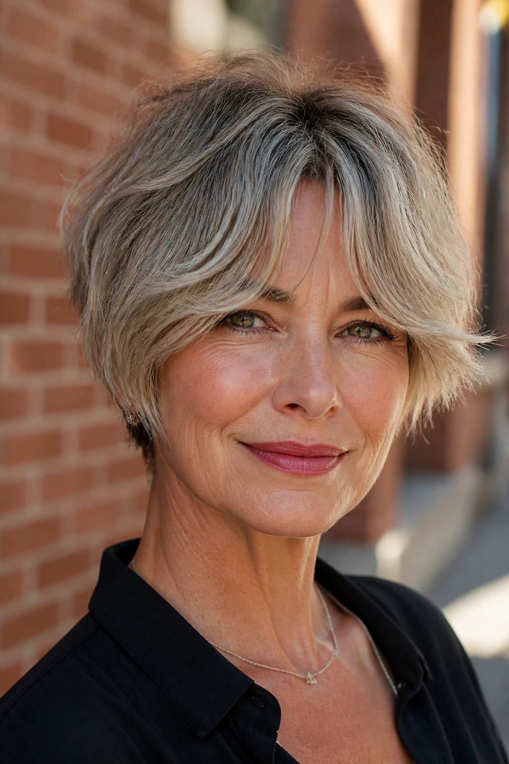 Close-up of a woman with shaggy crop and curtain bangs outdoors in sunlit street