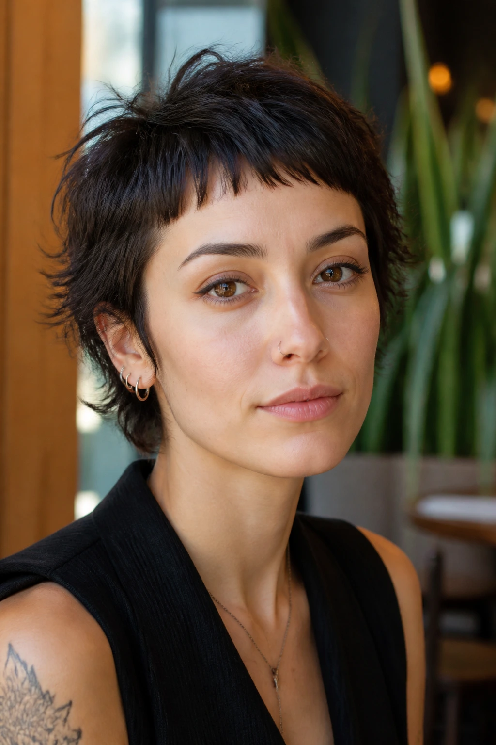 Close-up of a real woman with a shaggy crop and micro bangs
