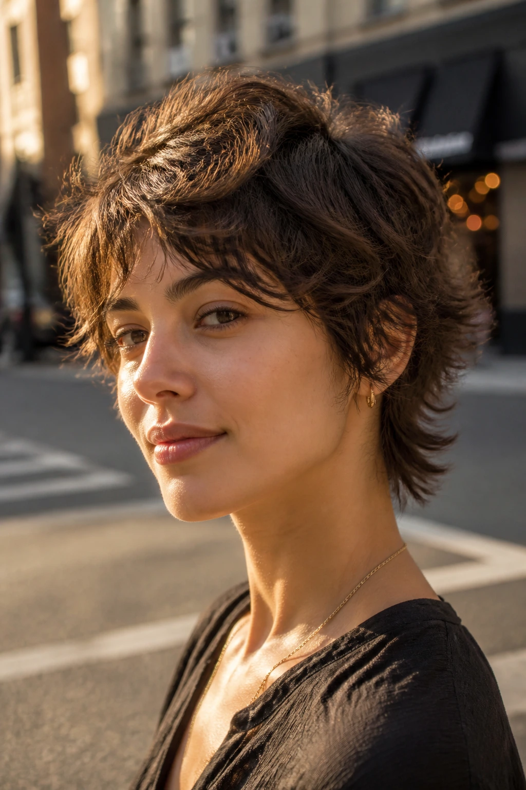 Close-up portrait of a real woman with Tousled Shaggy Crop hairstyle in an urban setting