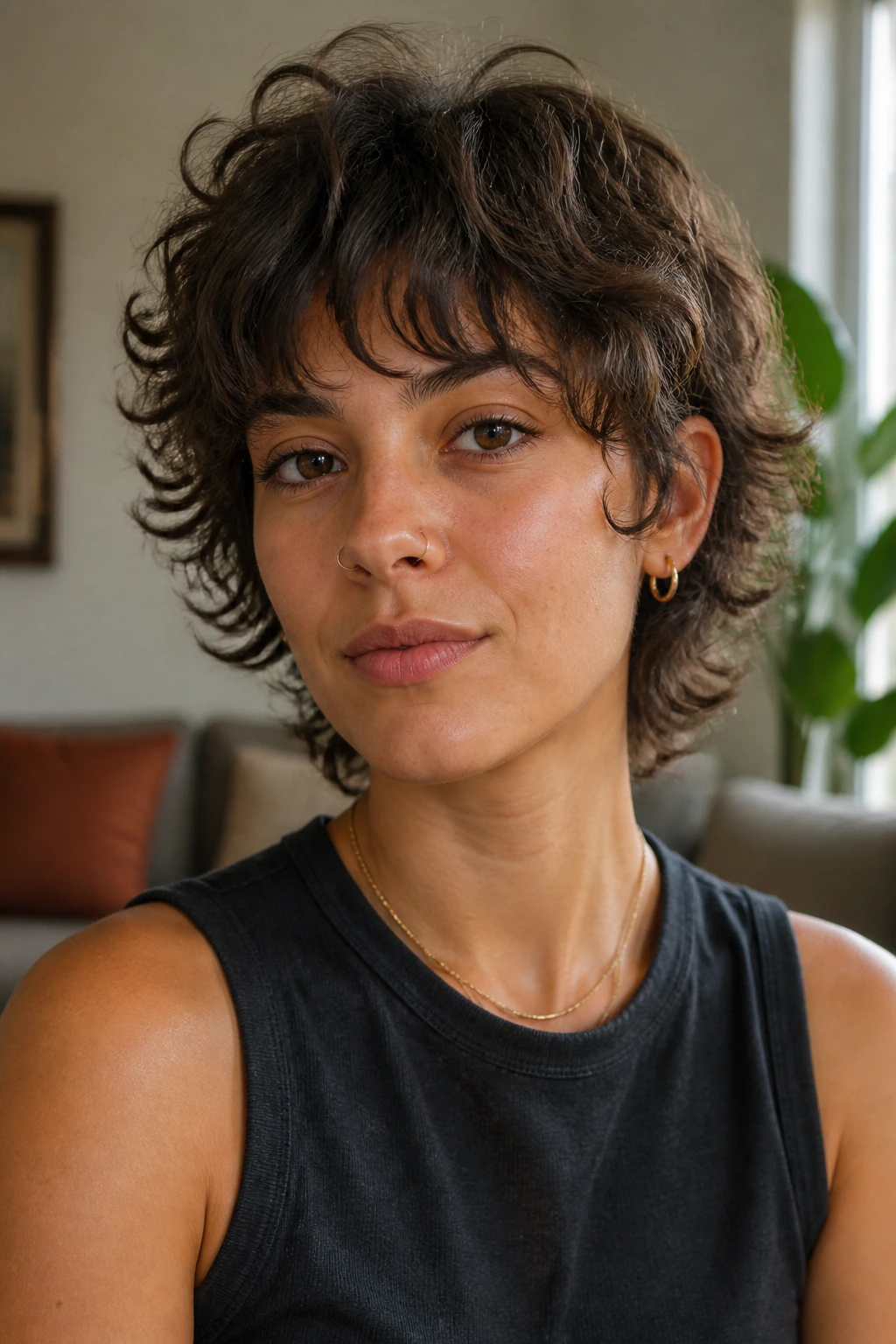 Close-up portrait of a real woman with shaggy crop underlayer texture and curtain bangs