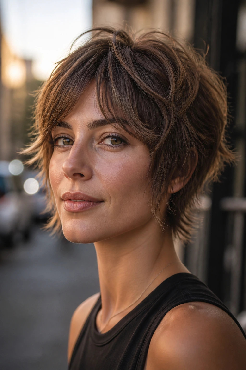 Close-up portrait of a real woman with shaggy crop and wispy ends