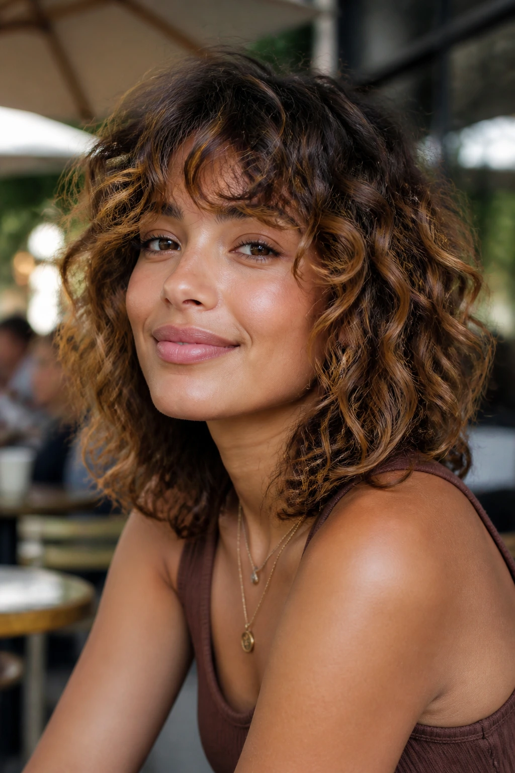 Close-up of a real woman with shaggy mid-length curls and toasted caramel highlights.
