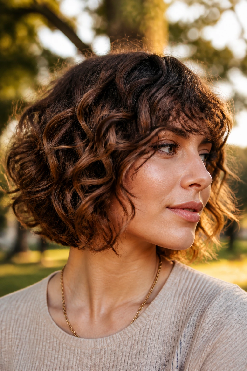 Real person with shaggy curly bob and chestnut lowlights