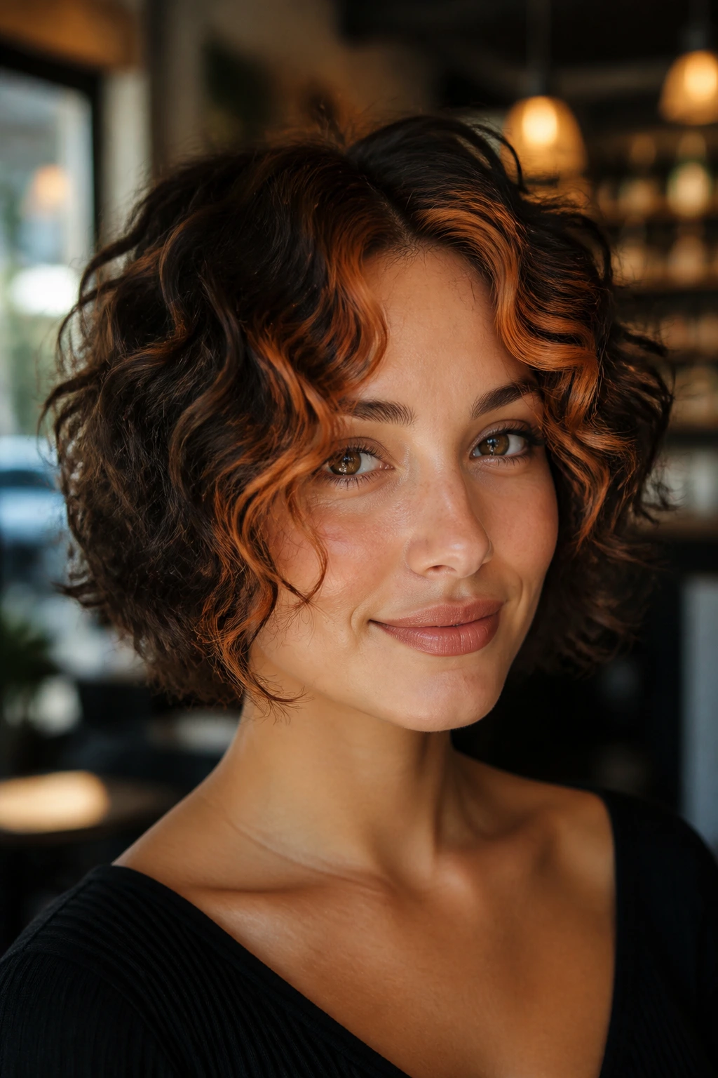 Close-up of a real woman with shaggy curly bob copper money piece