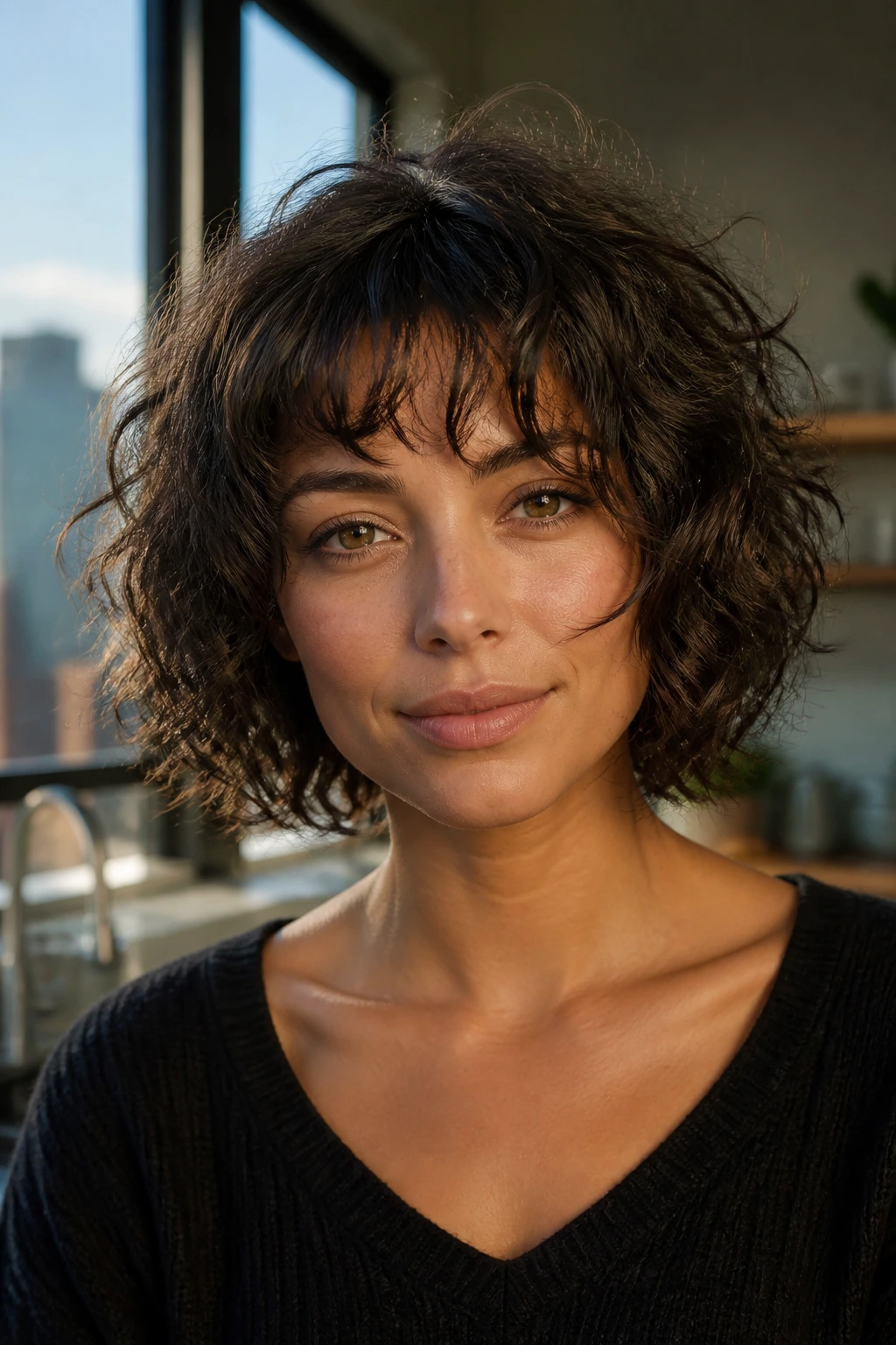 Real woman with shaggy curly bob and piecey fringe in natural light