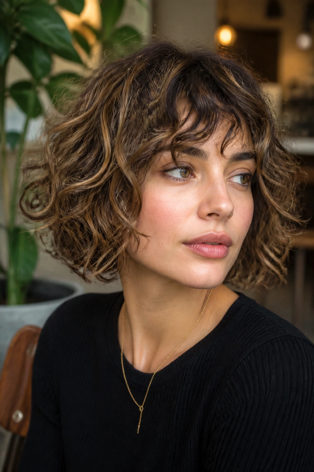 Portrait of a real woman with shaggy curly bob and textured bangs.