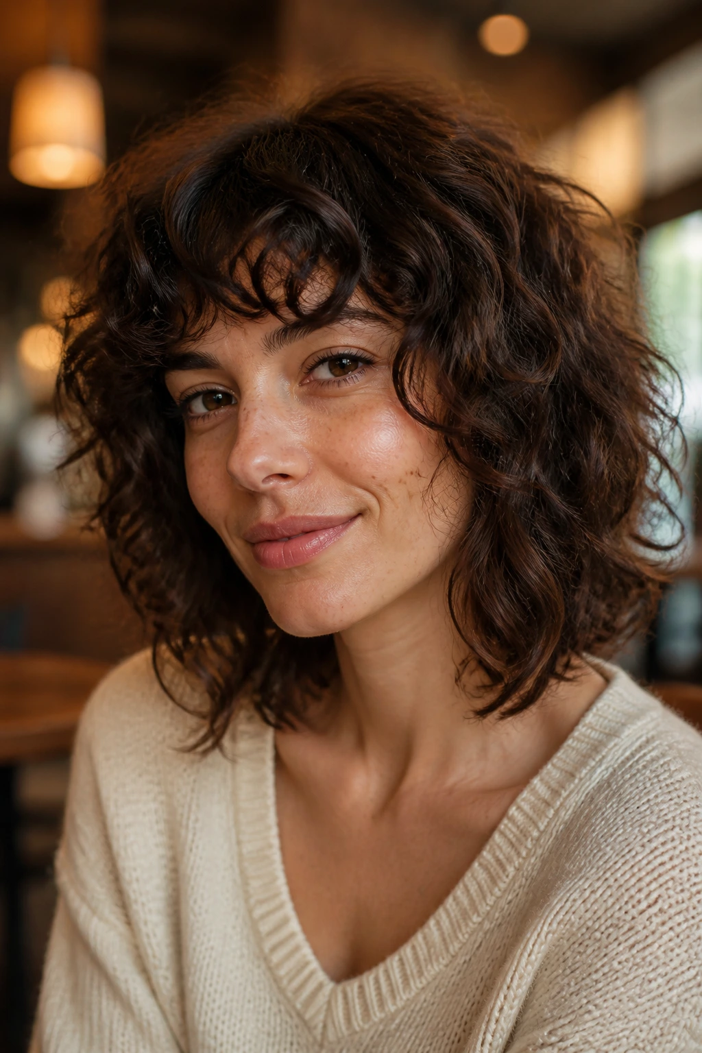 Close-up portrait of a real woman with shaggy curly lob, layered curls creating movement in warm light