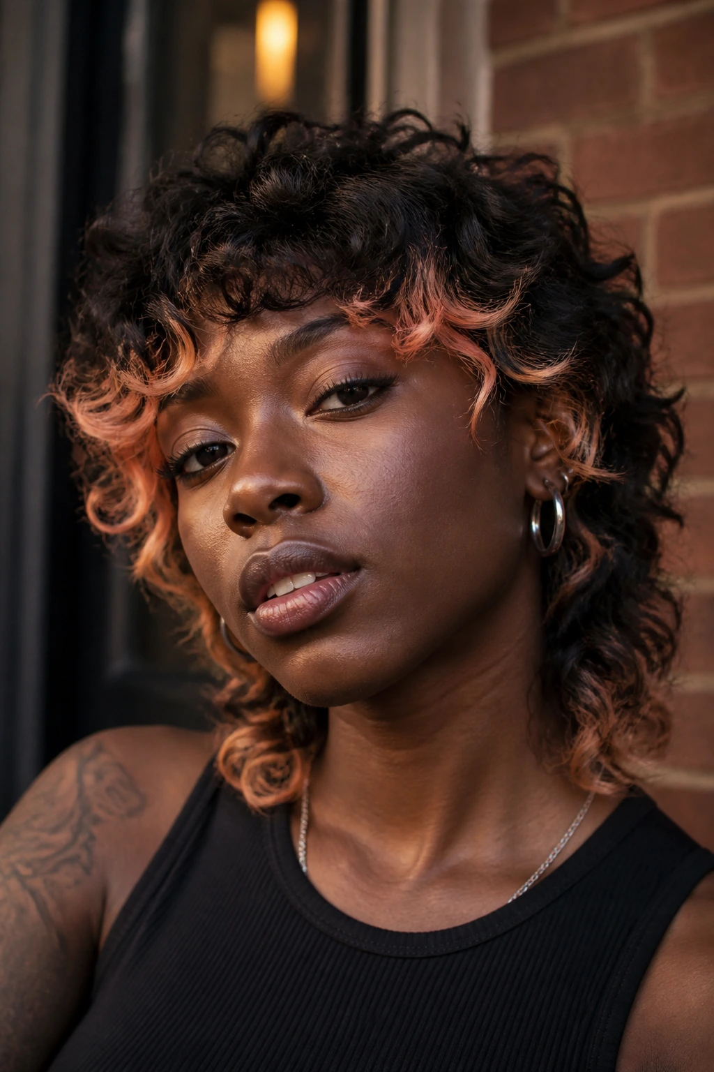Shaggy curly mullet with peach tips on deep skin.