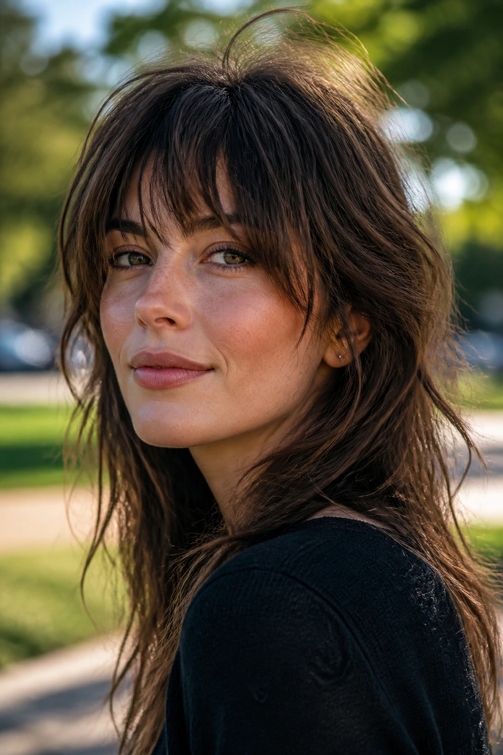 Close-up portrait of a woman with shaggy feathered bangs in natural light.