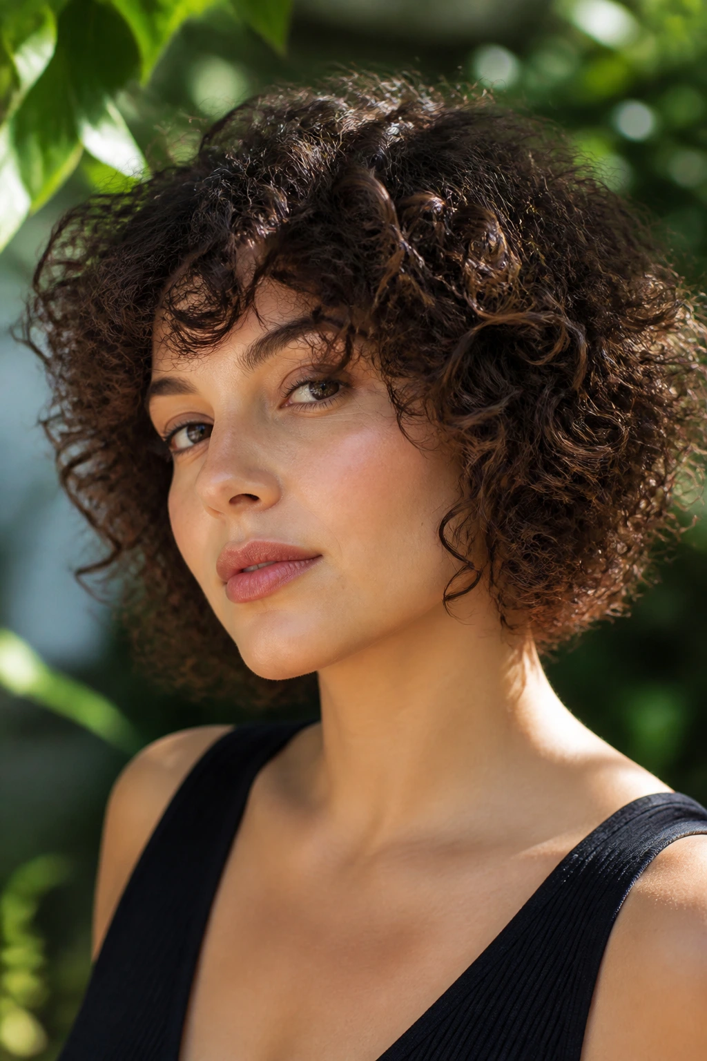Close-up of a real person with a shaggy French bob on tighter curls.
