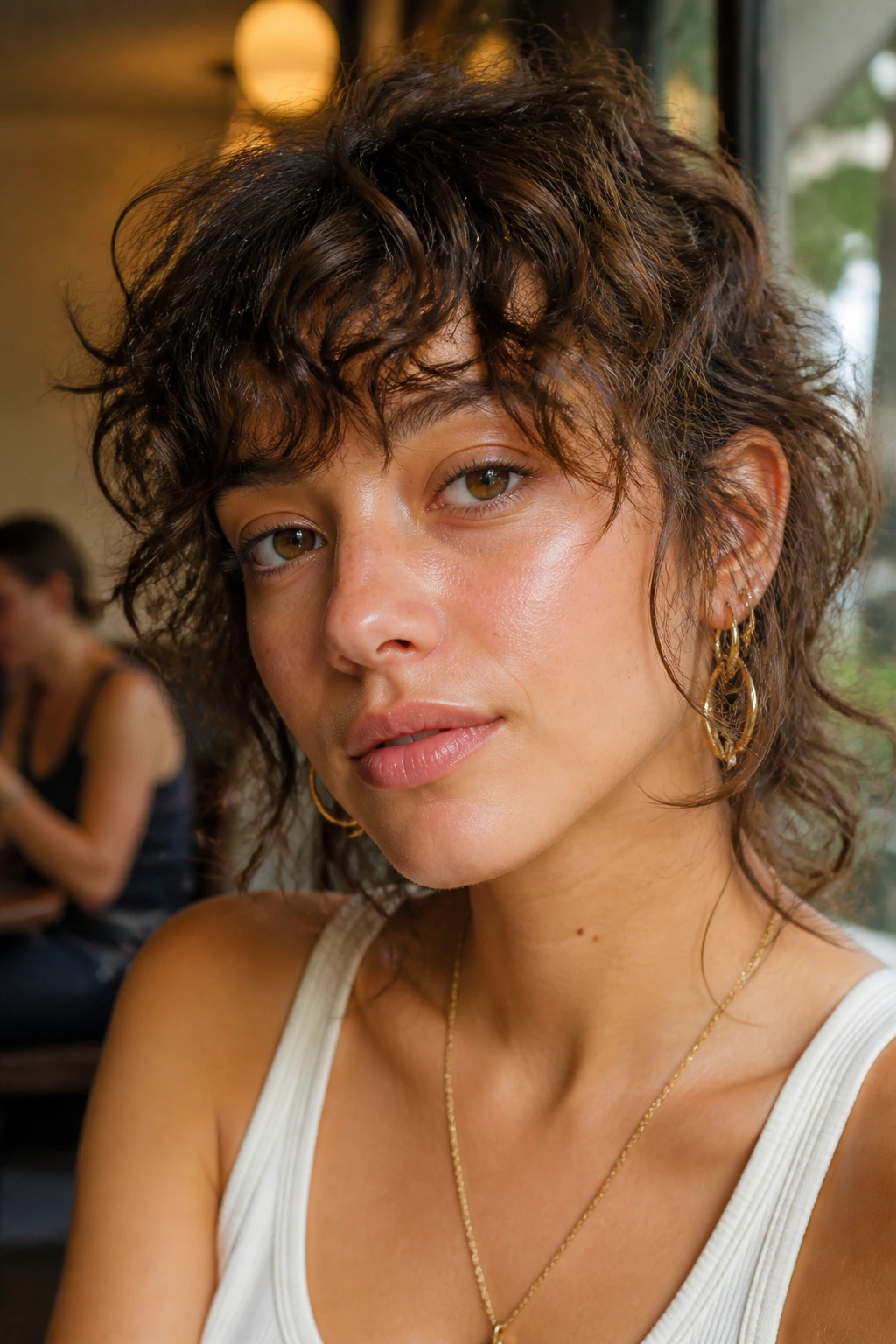 Close-up portrait of a real woman with shaggy fringe and soft sides on curly hair
