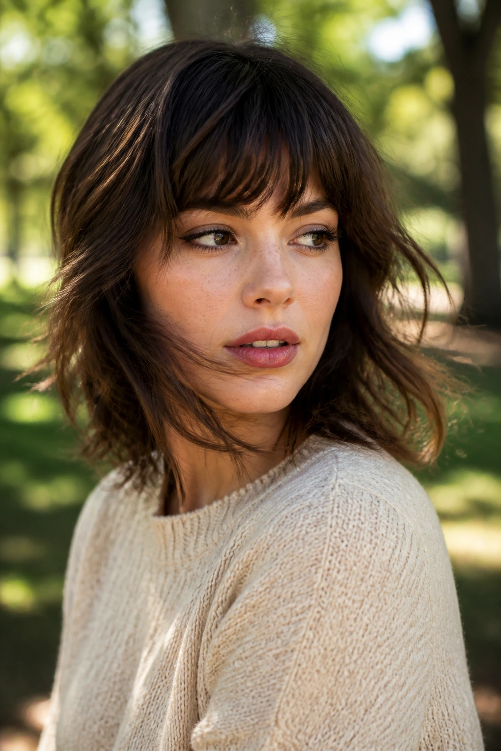 Close-up of a real woman with shaggy fringe and feathered temples in natural light