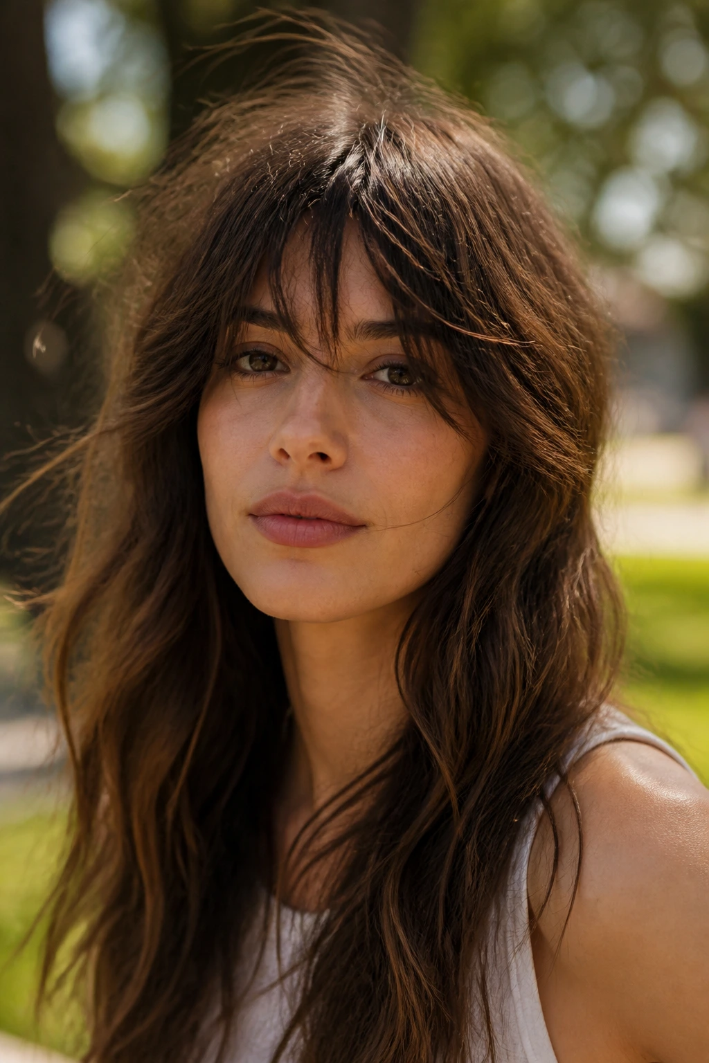 Close-up of a real person with shaggy piecey fringe and air-dried texture in natural light.