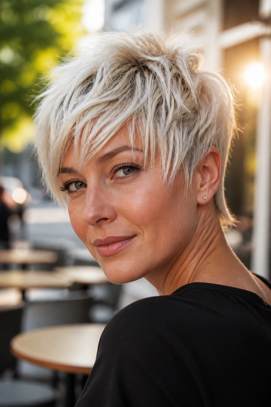 Portrait of real woman wearing shaggy fringe pixie in platinum