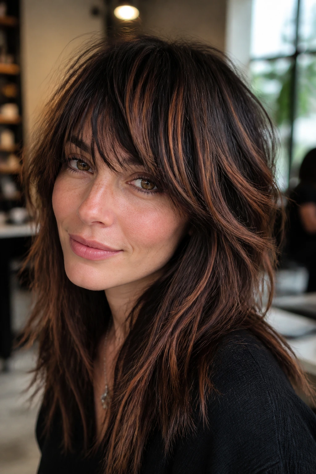 Close-up of brunette with shaggy fringe and strawberry blonde ribbons.