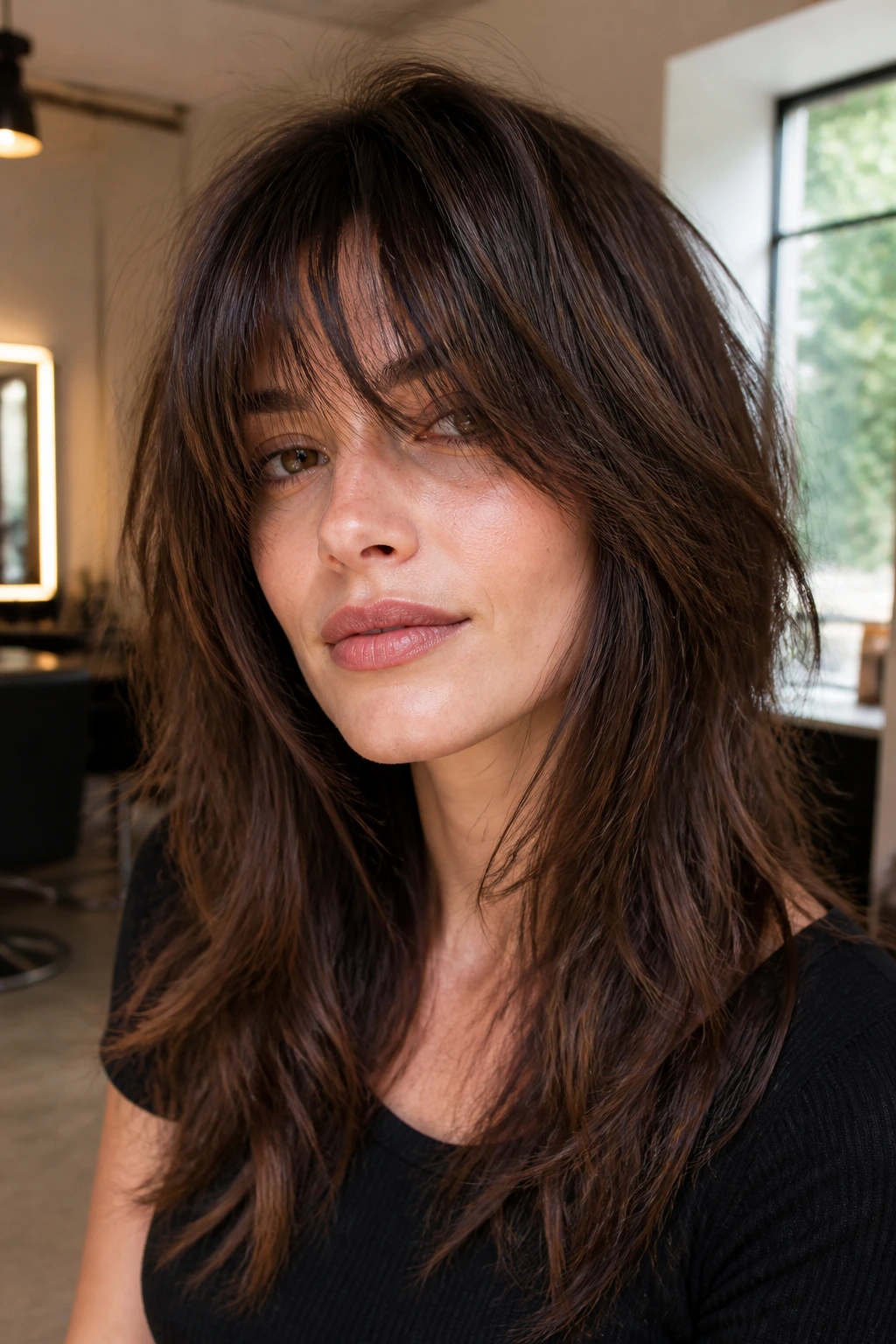 Close-up portrait of a real woman with a shaggy long fringe on thick hair, soft natural light highlighting movement