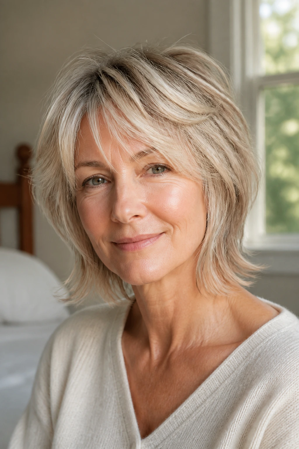 Close-up portrait of a real woman with shaggy hairstyle lifting the crown and curtain bangs