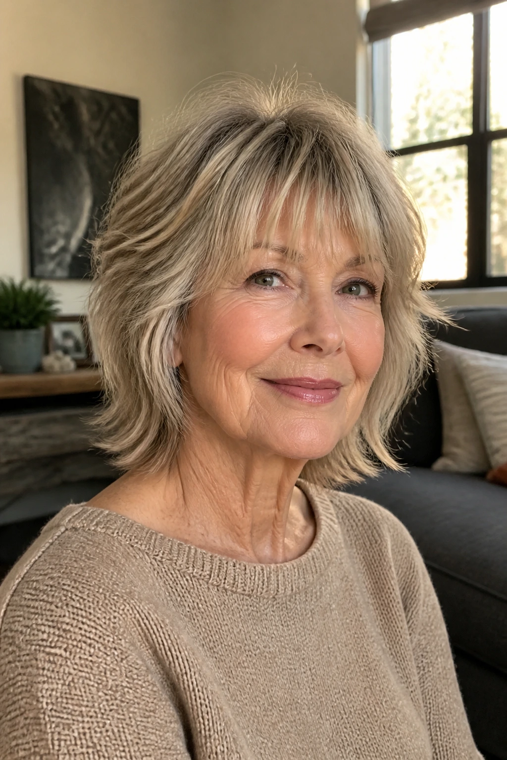 Portrait of a woman over 50 with fine hair styled in a soft shag.