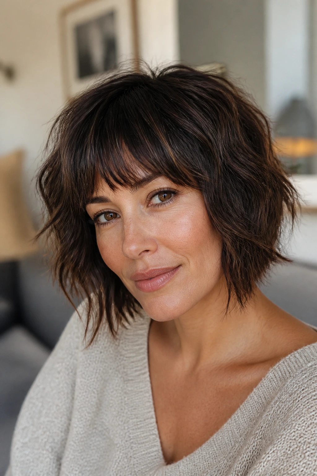 Portrait of a real woman with shaggy inverted bob and feathered fringe.