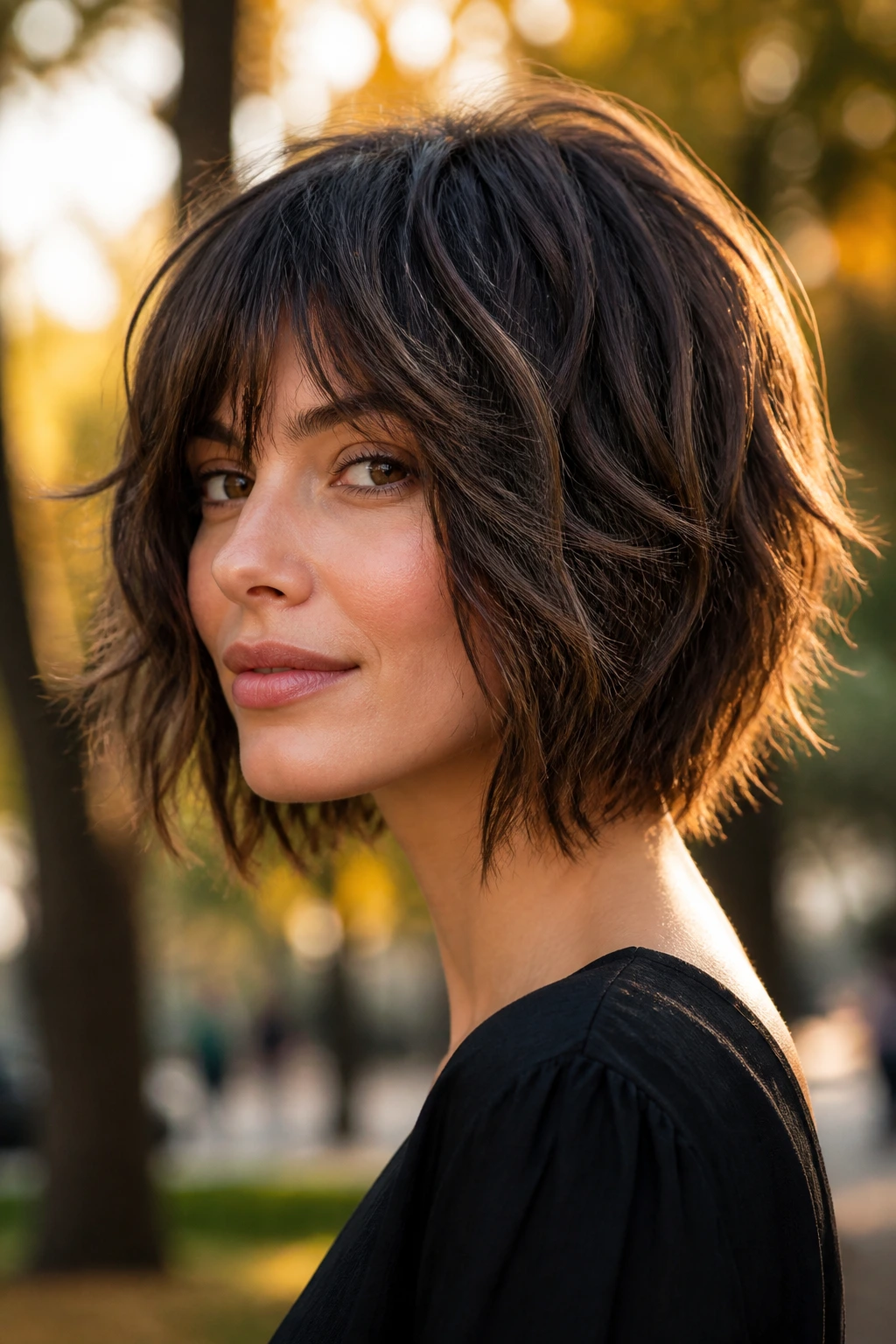 Real woman wearing shaggy inverted bob with soft ends in golden hour light.