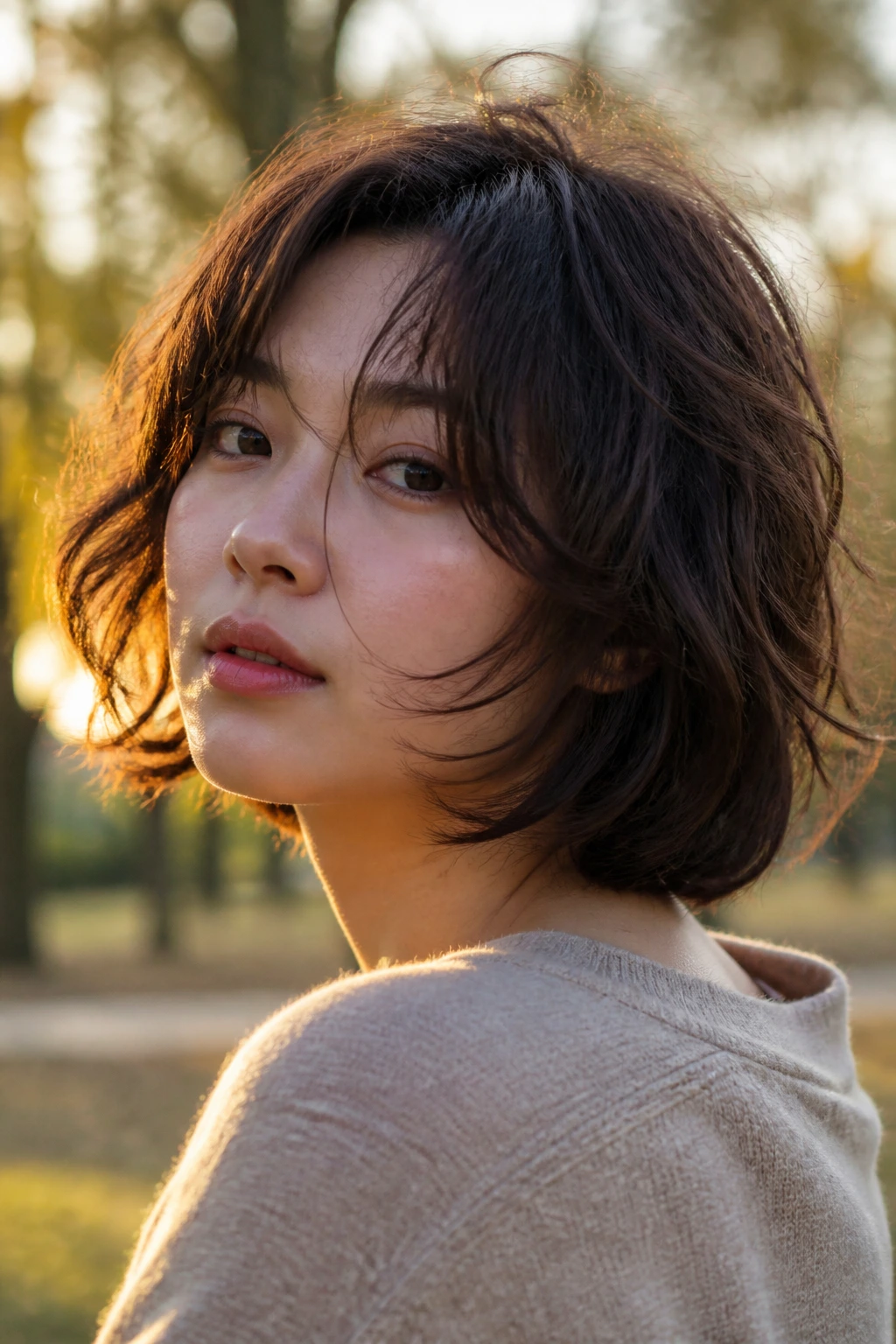 Close-up of a real woman with a shaggy Korean bob showing relaxed layers and texture.