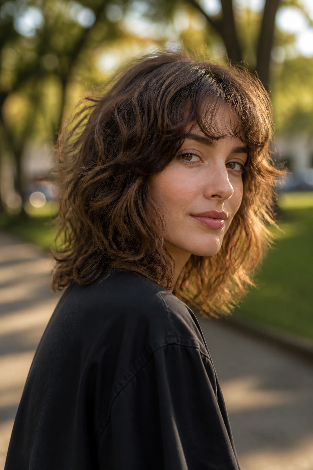Close-up portrait of a real person with a shaggy layered bob and loose curls in a park at golden hour.