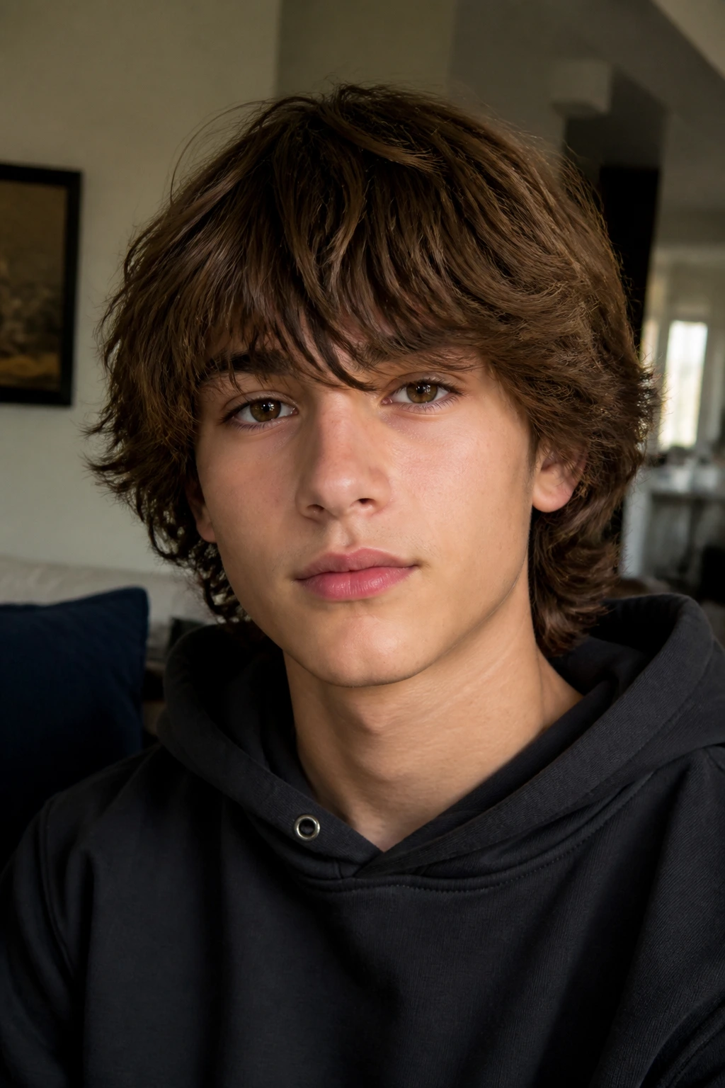 Boy with shaggy layered mop hairstyle, medium length, natural look in living room light