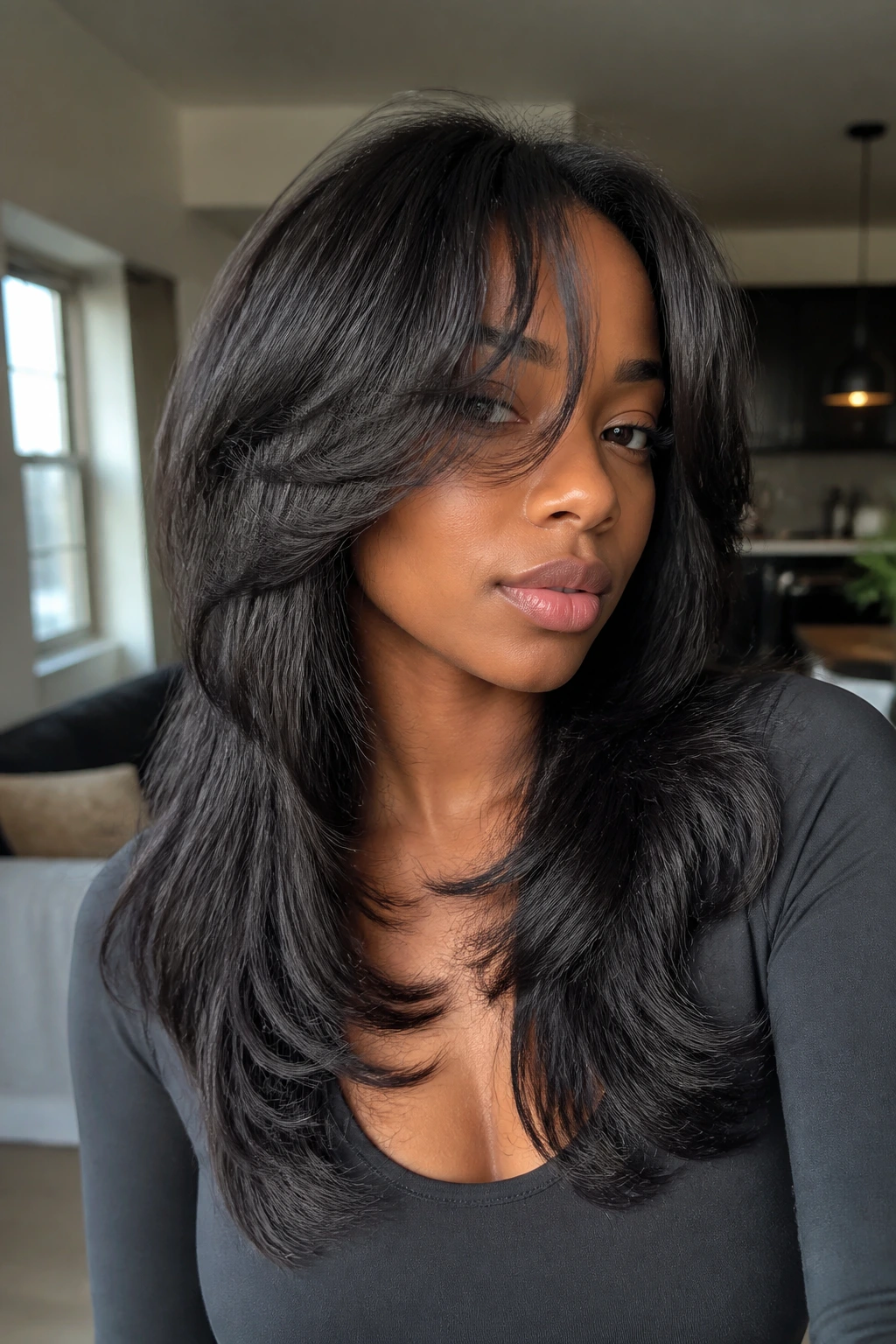 Close-up of a real woman with shaggy layered sew-in and curtain pieces around the face