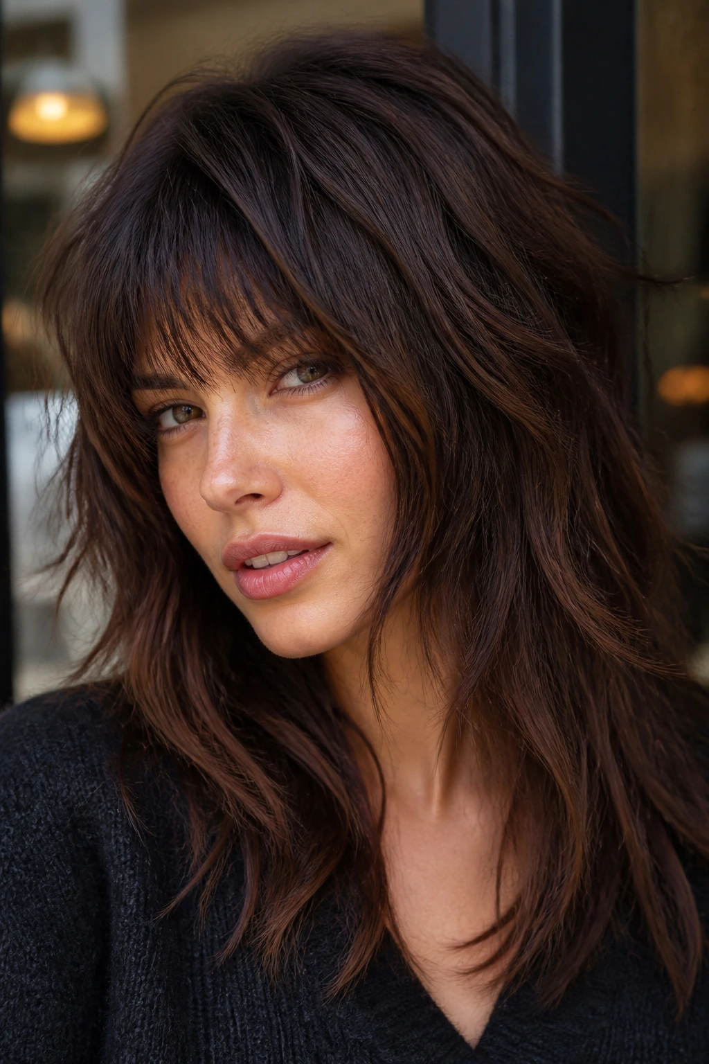 Portrait of woman with shaggy angled layers and choppy bangs in natural light