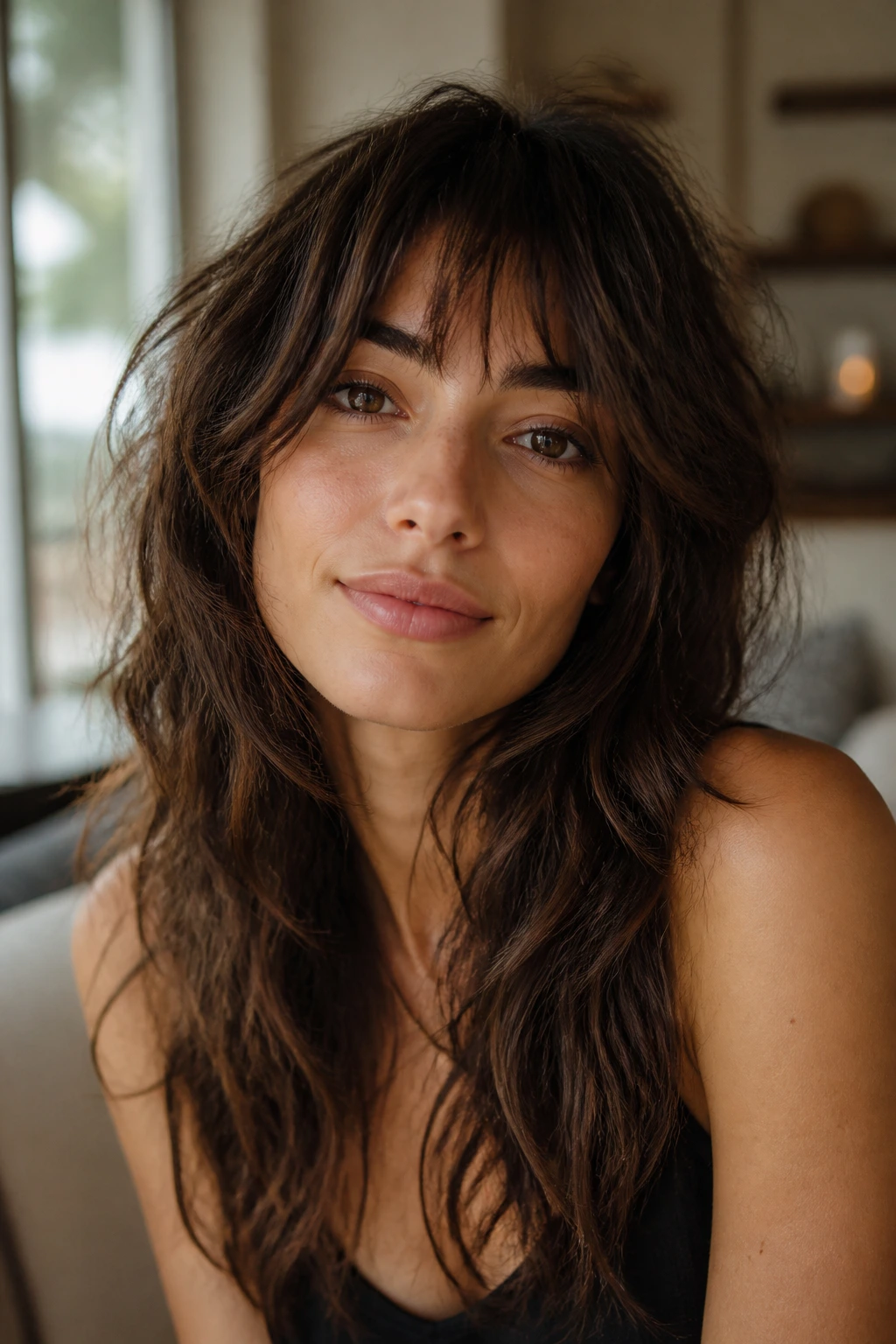 Close-up of a real person with shaggy layers and piecey fringe